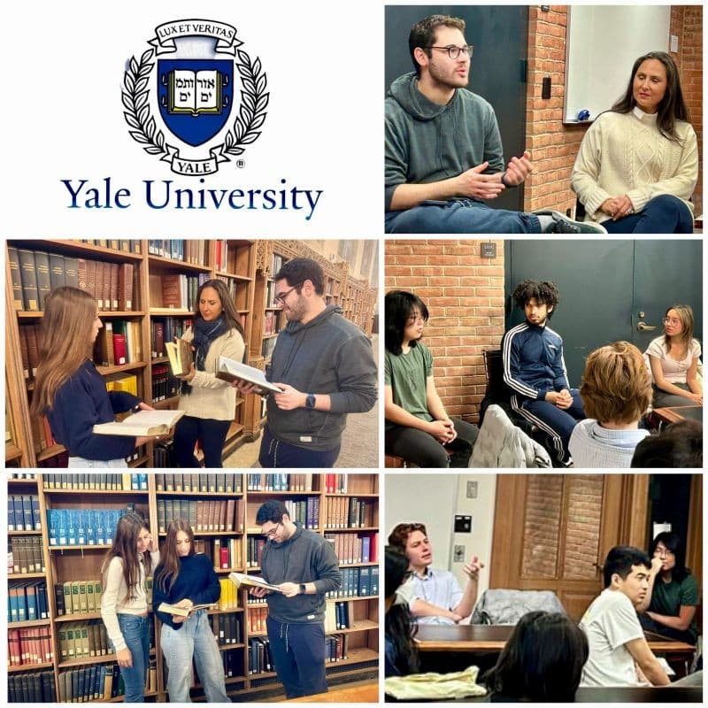 Students and organisers in discussion and in the library at the Yale AI literacy summit